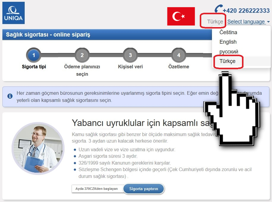 Díky spolupráci s UNIQA pojišťovnou je možné si sjednat zdravotní pojištění cizinců také v turečtině