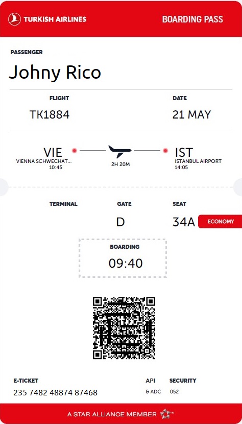 Boarding pass příklad - Turkish Airlines